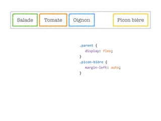 Salade Tomate Oignon Picon bière
.parent  {  
display:  flex;  
}  
.picon-­‐bière  {  
margin-­‐left:  auto;  
}
 