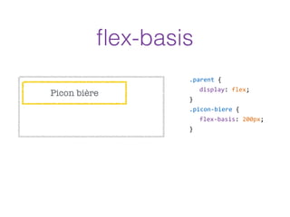 Picon bière
.parent  {  
display:  flex;  
}  
.picon-­‐biere  {  
flex-­‐basis:  200px;  
}
ﬂex-basis
 