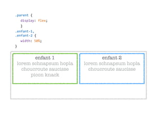 enfant 2 
lorem schnapsum hopla 
choucroute saucisse
.parent  {  
display:  flex;  
}  
.enfant-­‐1, 
.enfant-­‐2  {  
width:  50%;  
}
enfant 1 
lorem schnapsum hopla 
choucroute saucisse 
picon knack
 