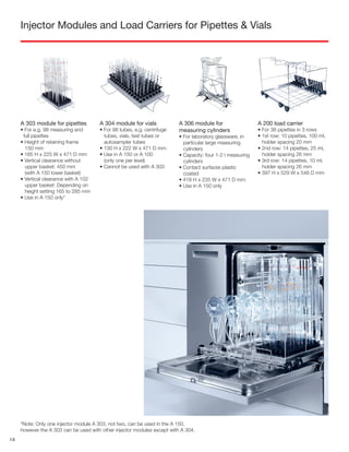 Injector Modules and Load Carriers for Pipettes & Vials
A 303 module for pipettes
• For e.g. 98 measuring and
full pipettes
• Height of retaining frame
150 mm
• 185 H x 225 W x 471 D mm
• Vertical clearance without
upper basket: 450 mm
(with A 150 lower basket)
• Vertical clearance with A 102
upper basket: Depending on
height setting 165 to 285 mm
• Use in A 150 only*
A 304 module for vials
• For 98 tubes, e.g. centrifuge
tubes, vials, test tubes or
autosampler tubes
• 130 H x 222 W x 471 D mm
• Use in A 150 or A 100
(only one per level)
• Cannot be used with A 303
A 306 module for
measuring cylinders
• For laboratory glassware, in
particular large measuring
cylinders
• Capacity: four 1-2 l measuring
cylinders
• Contact surfaces plastic
coated
• 418 H x 235 W x 471 D mm
• Use in A 150 only
A 200 load carrier
• For 38 pipettes in 3 rows
• 1st row: 10 pipettes, 100 ml,
holder spacing 20 mm
• 2nd row: 14 pipettes, 25 ml,
holder spacing 26 mm
• 3rd row: 14 pipettes, 10 ml,
holder spacing 26 mm
• 397 H x 529 W x 546 D mm
*Note: Only one injector module A 303, not two, can be used in the A 150,
however the A 303 can be used with other injector modules except with A 304.
14
 