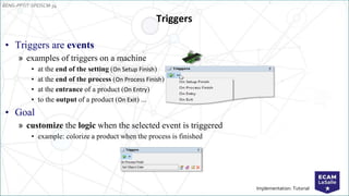 EENG-PPT/T-SPEISCM-34
Implementation: Tutorial
Triggers
• Triggers are events
» examples of triggers on a machine
• at the end of the setting (On Setup Finish)
• at the end of the process (On Process Finish)
• at the entrance of a product (On Entry)
• to the output of a product (On Exit) ...
• Goal
» customize the logic when the selected event is triggered
• example: colorize a product when the process is finished
 