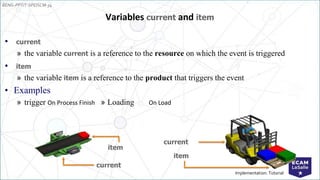 EENG-PPT/T-SPEISCM-34
Implementation: Tutorial
Variables current and item
• current
» the variable current is a reference to the resource on which the event is triggered
• item
» the variable item is a reference to the product that triggers the event
• Examples
» trigger On Process Finish » Loading On Load
current
item
item
current
 