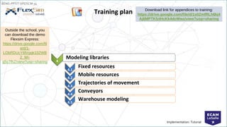EENG-PPT/T-SPEISCM-34
Implementation: Tutorial
Training plan
4
Modeling libraries
Download link for appendices to training:
https://drive.google.com/file/d/1s0ZmfRLh6kj4
Aj6MPTKfztHcKk4dcWwz/view?usp=sharing
4.1
Fixed resources
4.2
Mobile resources
4.3
Trajectories of movement
4.4
Conveyors
4.5
Warehouse modeling
Outside the school, you
can download the demo
Flexsim Express:
https://drive.google.com/fil
e/d/1-
LObRDUcY6lVgqk102WB
2_Wi-
g5c7fhZ/view?usp=sharing
 