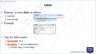 EENG-PPT/T-SPEISCM-34
Implementation: Tutorial
Labels
• Purpose: to store data on objects
» number
» text (String)
• Example
• Tips for label names
» no accents, no ç
» no spaces → use an underscore_
• example: step_1 instead step 1
 