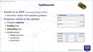 EENG-PPT/T-SPEISCM-34
Implementation: Tutorial
TaskExecuter
• Similar to an AGV (Automated Guided Vehicle)
» driverless vehicle with automatic guidance
• Properties similar to the operator
» transport capacity
» loading time
» unloading time
» displacement
• vitesse maximale
• accélération
• décélération
 