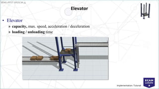 EENG-PPT/T-SPEISCM-34
Implementation: Tutorial
Elevator
• Elevator
» capacity, max. speed, acceleration / deceleration
» loading / unloading time
 
