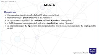 EENG-PPT/T-SPEISCM-34
Implementation: Tutorial
Model 6
• Description
» the products arrive at intervals of about 10 s (exponential law)
» there are always 4 pallets available in the warehouse
» an operator takes a pallet to the combiner and loads 4 products on the pallet
» a forklift operator transports the full pallets to a depalletizing station (Separator)
» an operator unloads the 4 products from the pallet onto a conveyor, and then transports the empty pallet to
an exit
 