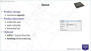 EENG-PPT/T-SPEISCM-34
Implementation: Tutorial
• Product storage
» maximum capacity
• Product placement
» within the zone
» stack vertically
» horizontal line
• Optional
» LIFO = Last In First Out
» batching (Perform Batching)
Queue
 
