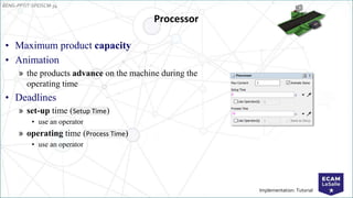 EENG-PPT/T-SPEISCM-34
Implementation: Tutorial
Processor
• Maximum product capacity
• Animation
» the products advance on the machine during the
operating time
• Deadlines
» set-up time (Setup Time)
• use an operator
» operating time (Process Time)
• use an operator
 