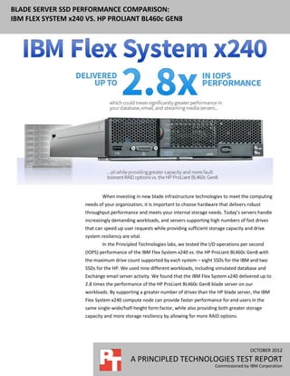 BLADE SERVER SSD PERFORMANCE COMPARISON:
IBM FLEX SYSTEM x240 VS. HP PROLIANT BL460c GEN8




                            When investing in new blade infrastructure technologies to meet the computing
                    needs of your organization, it is important to choose hardware that delivers robust
                    throughput performance and meets your internal storage needs. Today’s servers handle
                    increasingly demanding workloads, and servers supporting high numbers of fast drives
                    that can speed up user requests while providing sufficient storage capacity and drive
                    system resiliency are vital.
                            In the Principled Technologies labs, we tested the I/O operations per second
                    (IOPS) performance of the IBM Flex System x240 vs. the HP ProLiant BL460c Gen8 with
                    the maximum drive count supported by each system – eight SSDs for the IBM and two
                    SSDs for the HP. We used nine different workloads, including simulated database and
                    Exchange email server activity. We found that the IBM Flex System x240 delivered up to
                    2.8 times the performance of the HP ProLiant BL460c Gen8 blade server on our
                    workloads. By supporting a greater number of drives than the HP blade server, the IBM
                    Flex System x240 compute node can provide faster performance for end users in the
                    same single-wide/half-height form factor, while also providing both greater storage
                    capacity and more storage resiliency by allowing for more RAID options.




                                                                                                  OCTOBER 2012
                                          A PRINCIPLED TECHNOLOGIES TEST REPORT
                                                                                 Commissioned by IBM Corporation
 