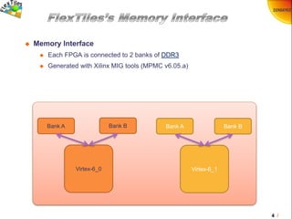4 /
 Memory Interface
 Each FPGA is connected to 2 banks of DDR3
 Generated with Xilinx MIG tools (MPMC v6.05.a)
Virtex-6_0 Virtex-6_1
Bank A Bank B Bank A Bank B
 