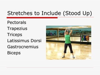 Stretches to Include (Stood Up) Pectorals Trapezius Triceps Latissimus Dorsi Gastrocnemius Biceps 