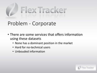 Problem - Corporate
• There are some services that offers information
using these datasets
• None has a dominant position in the market
• Hard for no-technical users
• Unbouded information

 