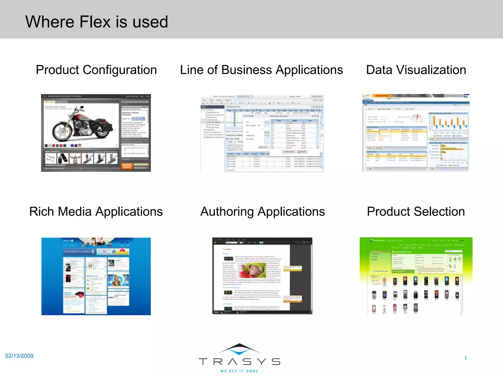 02/13/2009 Where Flex is used Product Configuration Line of Business Applications Data Visualization Rich Media Applications Authoring Applications Product Selection 