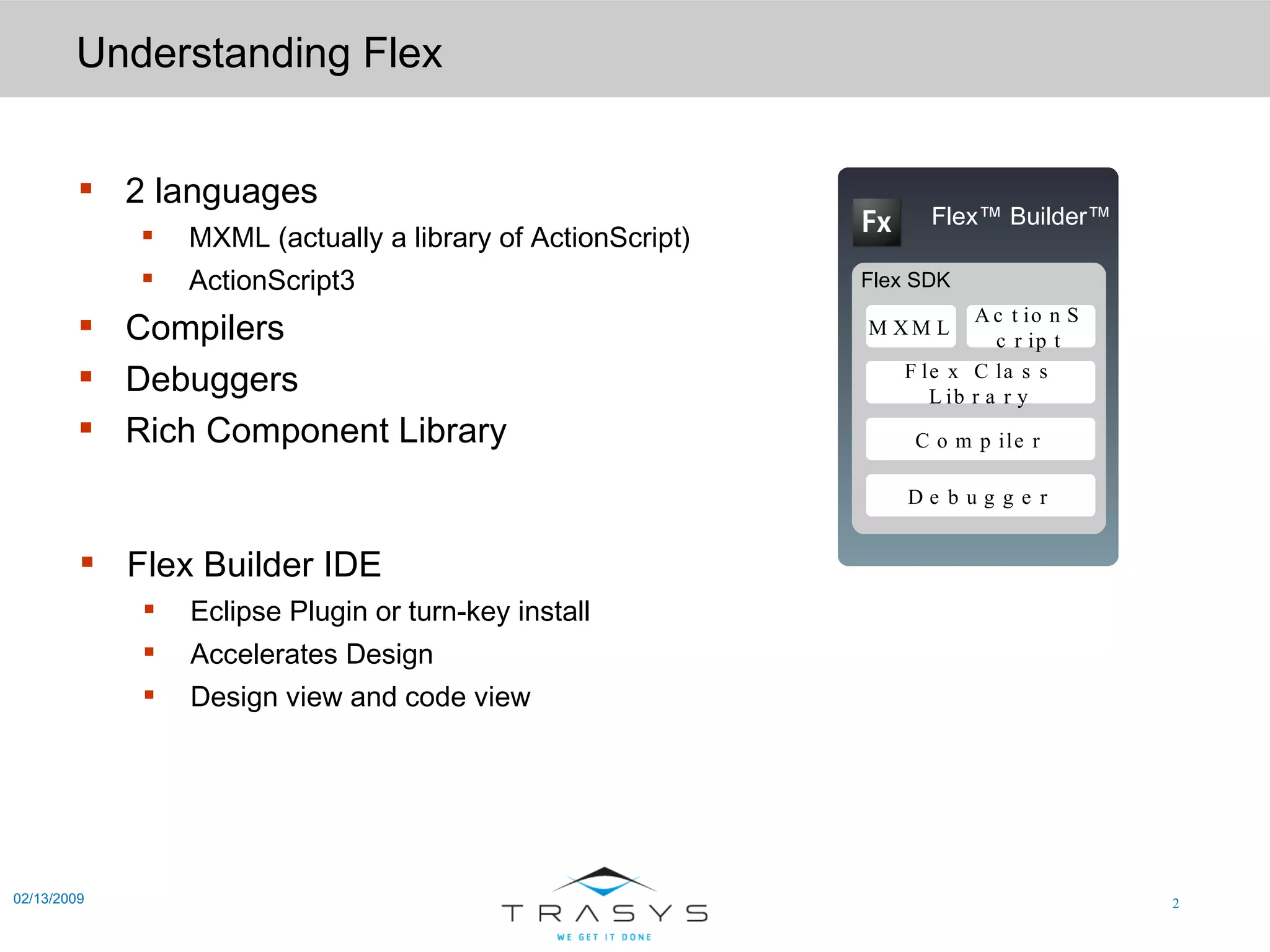 Understanding Flex 02/13/2009 2 languages  MXML (actually a library of ActionScript) ActionScript3 Compilers Debuggers Rich Component Library Flex Builder IDE Eclipse Plugin or turn-key install Accelerates Design Design view and code view   Flex™ Builder™ Flex SDK ActionScript MXML Flex Class Library Compiler Debugger 