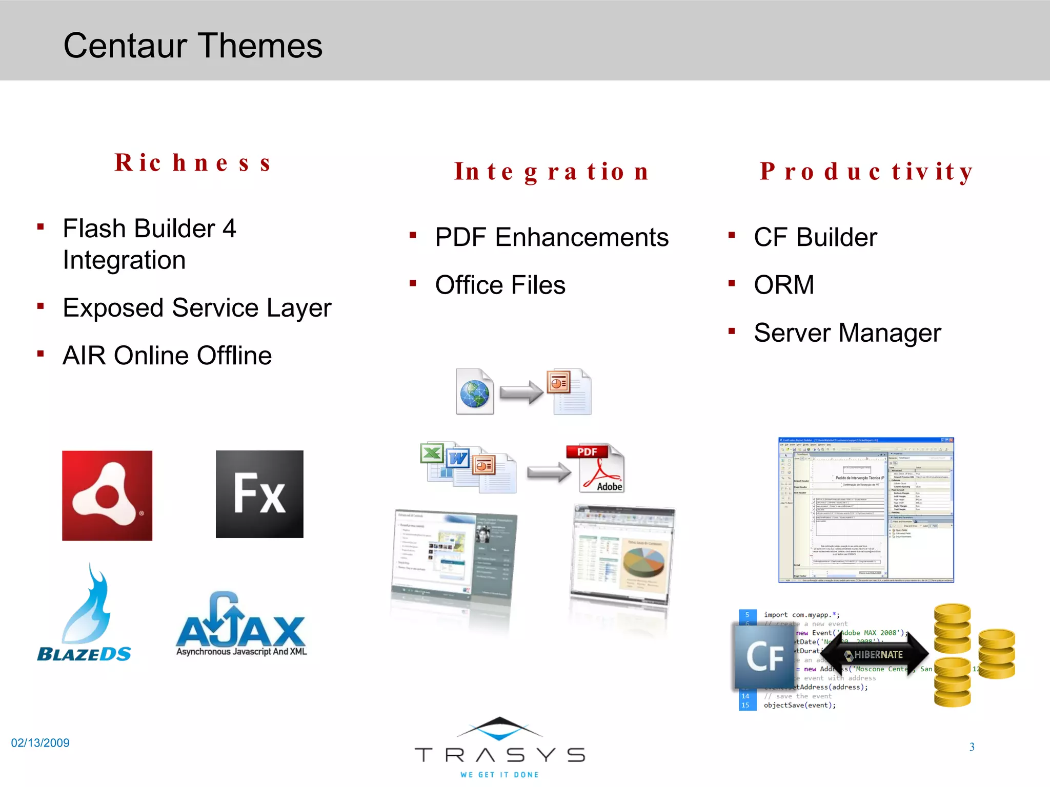Centaur Themes 02/13/2009 Integration PDF Enhancements Office Files Productivity CF Builder ORM Server Manager Richness Flash Builder 4 Integration Exposed Service Layer AIR Online Offline 