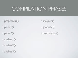 COMPILATION PHASES

• preprocess()   • analyze4()

• parse1()       • generate()

• parse2()       • postprocess()

• analyze1()

• analyze2()

• analyze3()
 