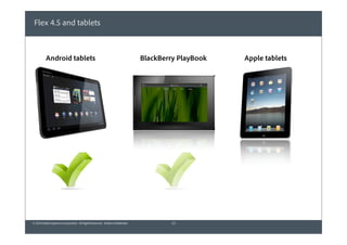 Flex 4.5 and tablets



          Android tablets                                                    BlackBerry PlayBook   Apple tablets




© 2010 Adobe Systems Incorporated. All Rights Reserved. Adobe Con dential.            15
 