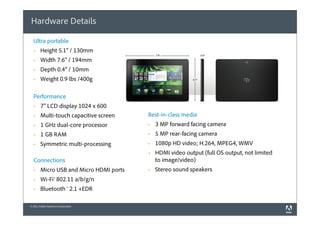 Hardware Details

  Ultra portable
  §    Height 5.1” / 130mm
  §    Width 7.6” / 194mm
  §    Depth 0.4” / 10mm
  §    Weight 0.9 lbs /400g

  Performance
  §    7” LCD display 1024 x 600
  §    Multi-touch capacitive screen    Best-in-class media
  §    1 GHz dual-core processor        §   3 MP forward facing camera
  §    1 GB RAM                         §   5 MP rear-facing camera
  §    Symmetric multi-processing       §   1080p HD video; H.264, MPEG4, WMV
                                         §   HDMI video output (full OS output, not limited
  Connections                                 to image/video)
  §    Micro USB and Micro HDMI ports   §   Stereo sound speakers
  §    Wi-Fi® 802.11 a/b/g/n
  §    Bluetooth ® 2.1 +EDR

© 2011 Adobe Systems Incorporated.
 