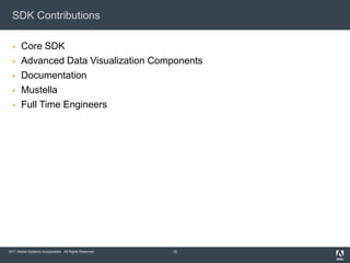 SDK Contributions

      Core SDK
      Advanced Data Visualization Components
      Documentation
      Mustella
      Full Time Engineers




2011 Adobe Systems Incorporated. All Rights Reserved.   15
 