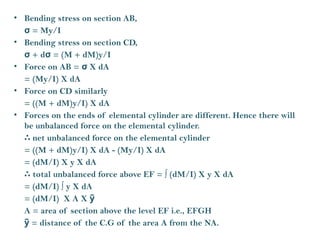 • Bending stress on section AB,
= My/I
σ
• Bending stress on section CD,
+ d = (M + dM)y/I
σ σ
• Force on AB = X dA
σ
= (My/I) X dA
• Force on CD similarly
= ((M + dM)y/I) X dA
• Forces on the ends of elemental cylinder are different. Hence there will
be unbalanced force on the elemental cylinder.
∴ net unbalanced force on the elemental cylinder
= ((M + dM)y/I) X dA - (My/I) X dA
= (dM/I) X y X dA
∴ total unbalanced force above EF = ∫ (dM/I) X y X dA
= (dM/I) ∫ y X dA
= (dM/I) X A X y
̅
A = area of section above the level EF i.e., EFGH
= distance of the C.G of the area A from the NA.
y
̅
 