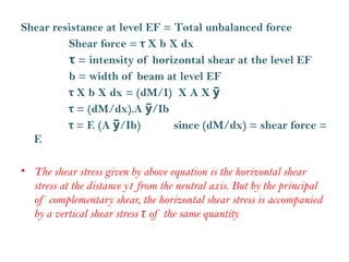 Shear resistance at level EF = Total unbalanced force
Shear force = τ X b X dx
= intensity of horizontal shear at the level EF
τ
b = width of beam at level EF
τ X b X dx = (dM/I) X A X y
̅
τ = (dM/dx).A /Ib
y
̅
τ = F. (A /Ib)
y
̅ since (dM/dx) = shear force =
F.
• The shear stress given by above equation is the horizontal shear
stress at the distance y1 from the neutral axis. But by the principal
of complementary shear, the horizontal shear stress is accompanied
by a vertical shear stress τ of the same quantity
 