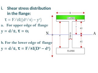 i. Shear stress distribution
in the flange:
= F/2I((d
τ 2
/4) – y2
)
a. For upper edge of flange
y = d/2, = 0;
τ
b. For the lower edge of flange
y = d/2, = F/8I(D
τ 2
– d2
)
 