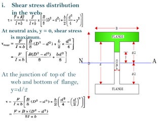 i. Shear stress distribution
in the web:
At neutral axis, y = 0, shear stress
is maximum.
At the junction of top of the
web and bottom of flange,
y=d/2
 