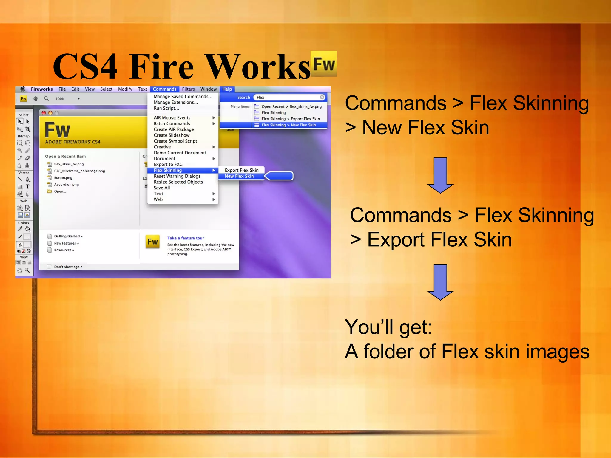 CS4 Fire Works Commands > Flex Skinning > New Flex Skin Commands > Flex Skinning > Export Flex Skin You’ll get: A folder of Flex skin images 