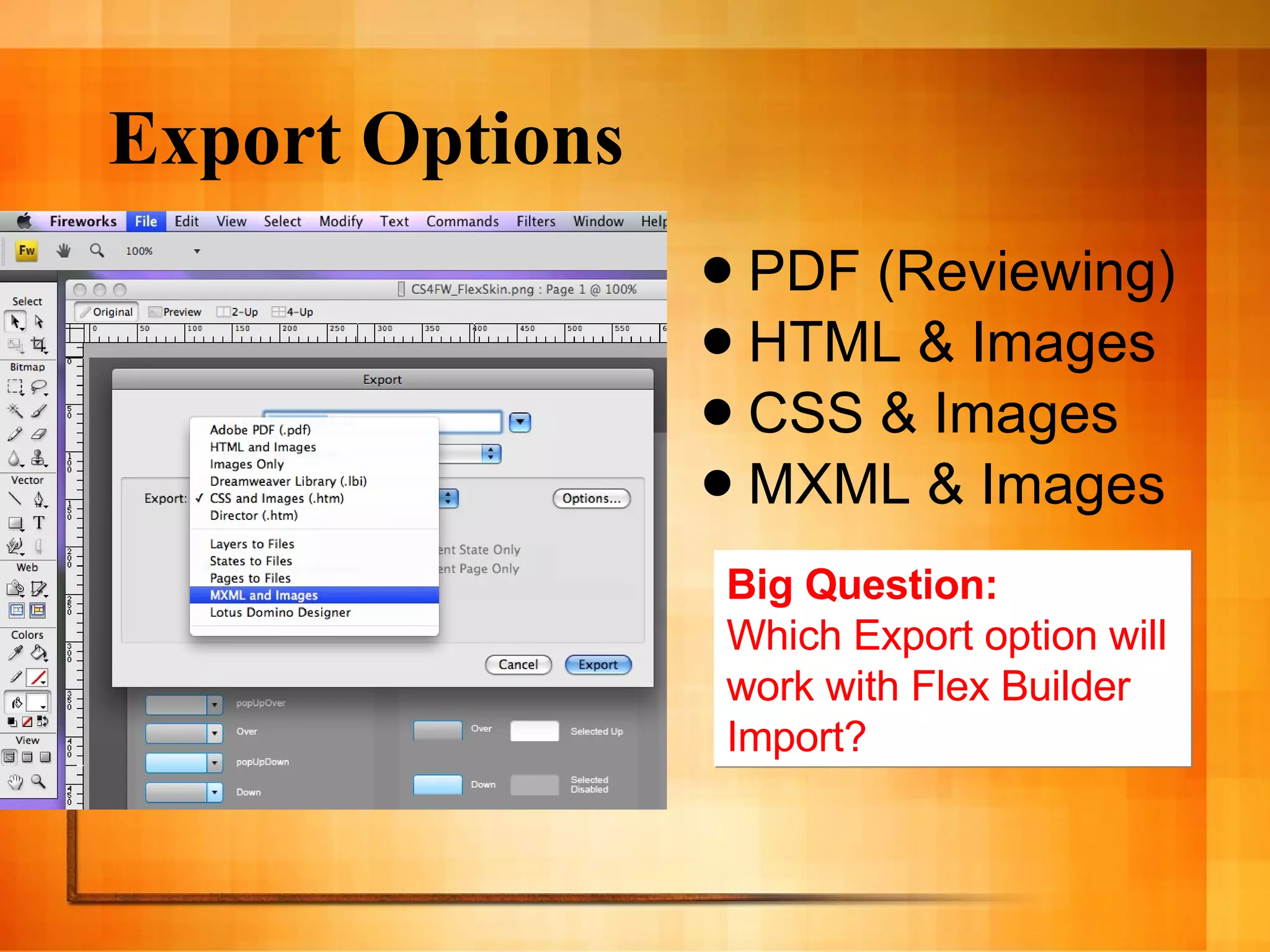 Export Options PDF (Reviewing) HTML & Images CSS & Images MXML & Images Big Question: Which Export option will  work with Flex Builder  Import? 
