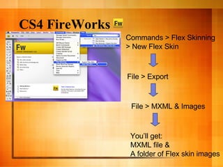 CS4 FireWorks Commands > Flex Skinning > New Flex Skin File > Export You’ll get: MXML file & A folder of Flex skin images File > MXML & Images 