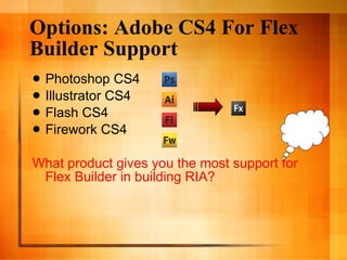 Options: Adobe CS4 For Flex Builder Support Photoshop CS4 Illustrator CS4 Flash CS4 Firework CS4 What product gives you the most support for Flex Builder in building RIA? 