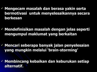 Mengecam masalah dan berasa yakin serta bermotivasi  untuk menyelesaikannya secara berkesan Mendefinisikan masalah dengan jelas seperti mengumpul maklumat yang berkaitan Mencari seberapa banyak jalan penyelesaian yang mungkin melalui ‘brain-storming’ Membincang kebaikan dan keburukan setiap alternatif. 