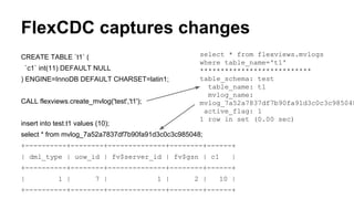 FlexCDC captures changes
CREATE TABLE `t1` (
`c1` int(11) DEFAULT NULL
) ENGINE=InnoDB DEFAULT CHARSET=latin1;
CALL flexviews.create_mvlog('test','t1');
insert into test.t1 values (10);
select * from mvlog_7a52a7837df7b90fa91d3c0c3c985048;
+----------+--------+--------------+--------+------+
| dml_type | uow_id | fv$server_id | fv$gsn | c1 |
+----------+--------+--------------+--------+------+
| 1 | 7 | 1 | 2 | 10 |
+----------+--------+--------------+--------+------+
select * from flexviews.mvlogs
where table_name='t1'
***************************
table_schema: test
table_name: t1
mvlog_name:
mvlog_7a52a7837df7b90fa91d3c0c3c985048
active_flag: 1
1 row in set (0.00 sec)
 