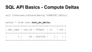SQL API Basics - Compute Deltas
call flexviews.refresh(@mvid,'COMPUTE',NULL);
select * from test.test_mv_delta;
+----------+--------+---------+------+-----+
| dml_type | uow_id | fv$gsn | c1 | cnt |
+----------+--------+---------+------+-----+
| 1 | 39 | 2097154 | 2 | 1 |
+----------+--------+---------+------+-----+
 