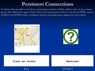 Persistent Connections Flex  HTML5 WebSocket flash.net.Socket It’s always been possible to do this by connecting to socket...