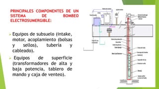 PRINCIPALES COMPONENTES DE UN
SISTEMA DE BOMBEO
ELECTROSUMERGIBLE:
 Equipos de subsuelo (intake,
motor, acoplamiento (bolsas
y sellos), tubería y
cableado).
 Equipos de superficie
(transformadores de alta y
baja potencia, tablero de
mando y caja de venteo).
 