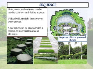 SEQUENCE
Sequence of trees, grass and
shrubs
Lines, rows, and columns can be
used to connect and define a space.
Utilize bold, straight lines or even
wavy curves.
A sequence can be created with a
formal or informal balance of
elements.
 