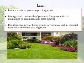 Lawn
• Lawn is a natural green carpet of a garden
• It is a ground cover made of perennial fine grass which is
maintained by continuous and close mowing
• It is a basic feature for home ground development and an essential
feature for any other type of garden
 