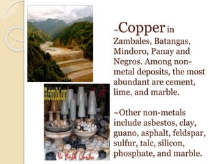 ~Copperin
Zambales, Batangas,
Mindoro, Panay and
Negros. Among non-
metal deposits, the most
abundant are cement,
lime, and marble.
~Other non-metals
include asbestos, clay,
guano, asphalt, feldspar,
sulfur, talc, silicon,
phosphate, and marble.
 