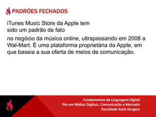 Padrões AbertosExemplos de Padrões Abertos:Arquitetura da WWWhttp://www.w3.org/TR/webarch/Peripheral Component Interconnect (PCI) Especificação da Intel paraconexão de computadorestipo IBM-PC.Formato de Documentos: ODF, OOXML, PNG, PDFLinguagens de Programação: C#, ANSI C