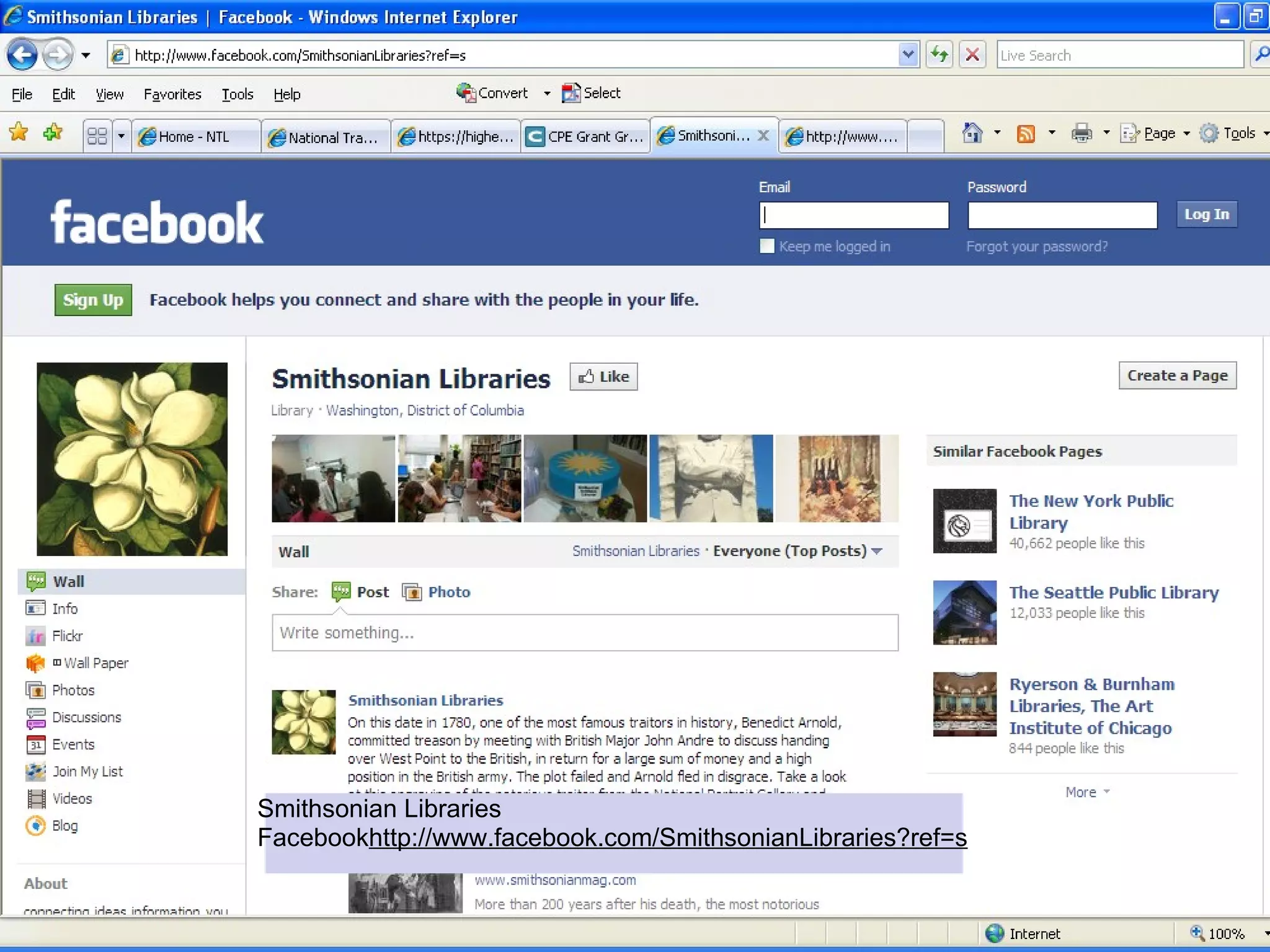 Smithsonian Libraries
Facebookhttp://www.facebook.com/SmithsonianLibraries?ref=s
 