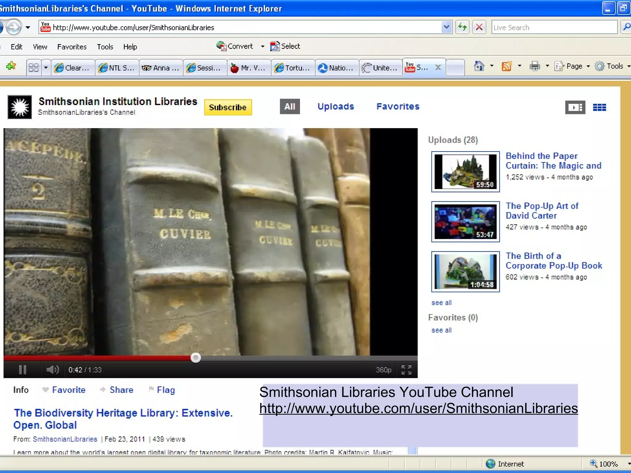 Smithsonian Libraries YouTube Channel
http://www.youtube.com/user/SmithsonianLibraries
 