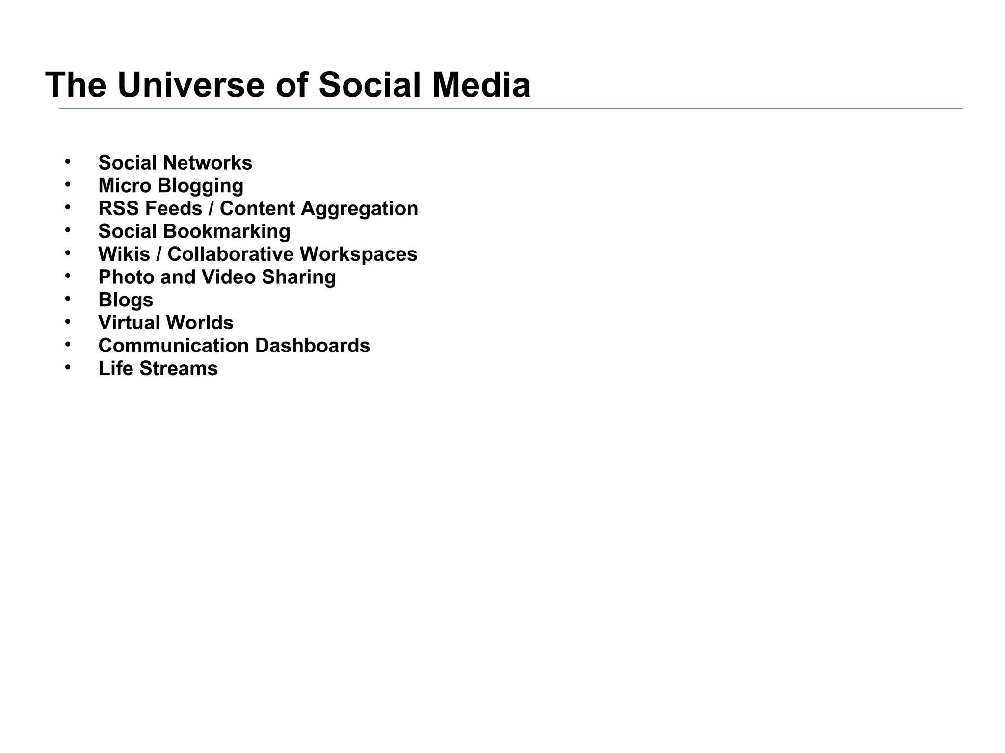 The Universe of Social Media

 •   Social Networks
 •   Micro Blogging
 •   RSS Feeds / Content Aggregation
 •   Social Bookmarking
 •   Wikis / Collaborative Workspaces
 •   Photo and Video Sharing
 •   Blogs
 •   Virtual Worlds
 •   Communication Dashboards
 •   Life Streams
 