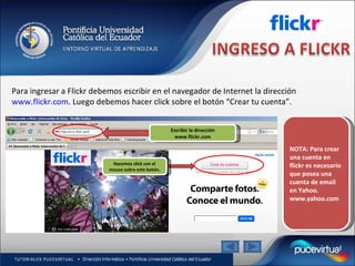 Para ingresar a Flickr debemos escribir en el navegador de Internet la dirección  www.flickr.com . Luego debemos hacer click sobre el botón “Crear tu cuenta”. NOTA: Para crear una cuenta en flickr es necesario que posea una cuenta de email en Yahoo. www.yahoo.com Hacemos click con el mouse sobre este botón. Escribir la dirección www.flickr.com 