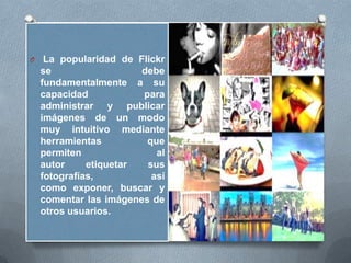 O    La popularidad de Flickr
    se                  debe
    fundamentalmente a su
    capacidad           para
    administrar y publicar
    imágenes de un modo
    muy intuitivo mediante
    herramientas         que
    permiten               al
    autor     etiquetar  sus
    fotografías,          así
    como exponer, buscar y
    comentar las imágenes de
    otros usuarios.
 