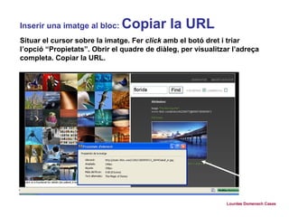 Inserir una imatge al bloc:  Copiar la URL Situar el cursor sobre la imatge.   Fer  click  amb el botó dret i triar l’opció   “Propietats”. Obrir el quadre de diàleg, per visualitzar l’adreça completa. Copiar la URL. Lourdes Domenech Cases 
