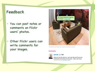 Feedback You can post notes or comments on Flickr users’ photos. Other Flickr users can write comments for your images. 