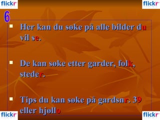 Her kan du søke på alle bilder d u  vil s e .  De kan søke etter garder, fol k , stede r .  Tips du kan søke på gardsn r . 3 9  eller hjøll o  6 