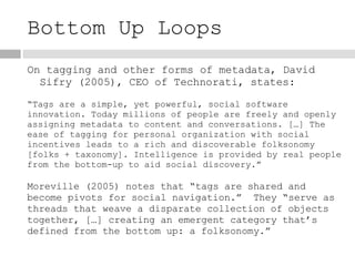 Bottom Up Loops <ul><li>On tagging and other forms of metadata, David Sifry (2005), CEO of Technorati, states: </li></ul>“...